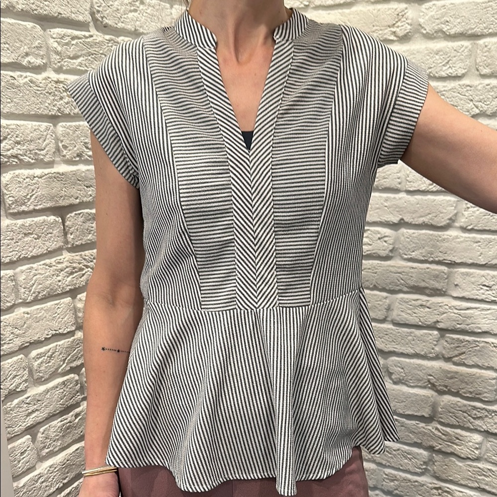 Monteau Striped Black and White Peplum Blouse Work Office Career Classic Preppy